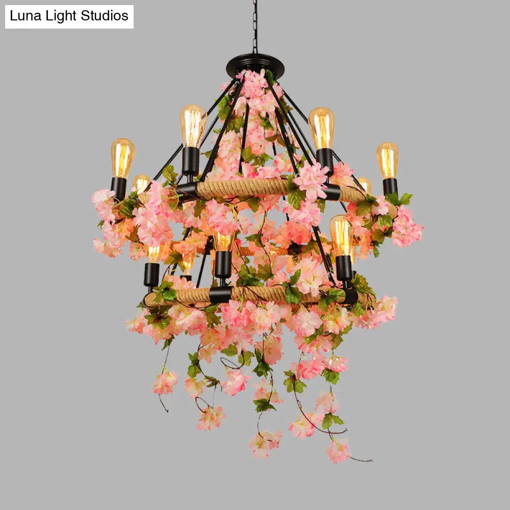 Industrial Metal Chandelier Pendant Light - Pink 2 Tiers, 14 Heads - Restaurant Hanging Lamp with Cherry Blossom Accents