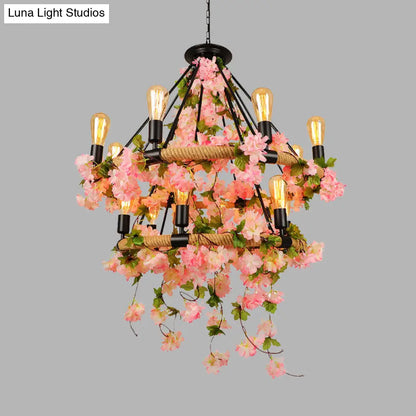 Industrial Metal Chandelier Pendant Light - Pink 2 Tiers, 14 Heads - Restaurant Hanging Lamp with Cherry Blossom Accents