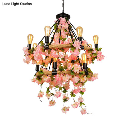 Industrial Metal Chandelier Pendant Light - Pink 2 Tiers, 14 Heads - Restaurant Hanging Lamp with Cherry Blossom Accents