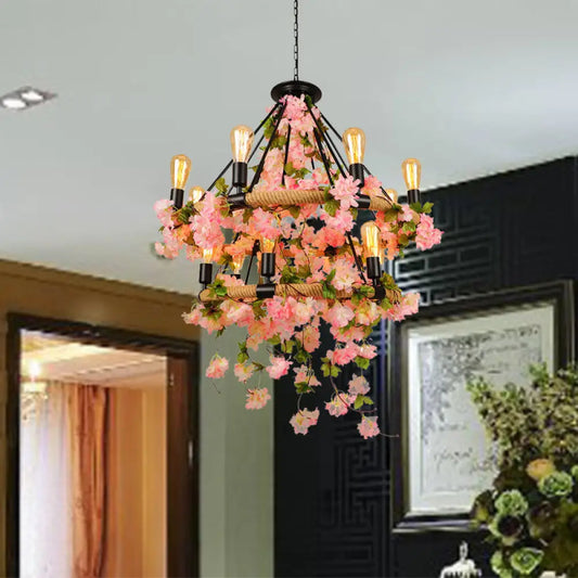 Industrial Metal Chandelier Pendant Light - Pink 2 Tiers, 14 Heads - Restaurant Hanging Lamp with Cherry Blossom Accents