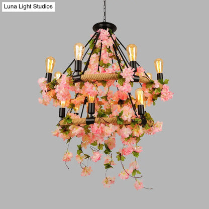 Industrial Metal Chandelier Pendant Light - Pink 2 Tiers, 14 Heads - Restaurant Hanging Lamp with Cherry Blossom Accents