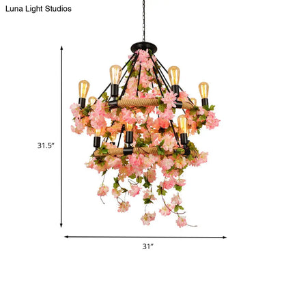 Industrial Metal Chandelier Pendant Light - Pink 2 Tiers, 14 Heads - Restaurant Hanging Lamp with Cherry Blossom Accents