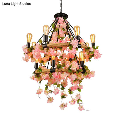 Industrial Metal Chandelier Pendant Light - Pink 2 Tiers, 14 Heads - Restaurant Hanging Lamp with Cherry Blossom Accents