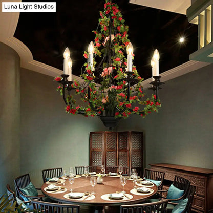 Industrial Metal Chandelier with 8 LED Lights for Restaurant - Black Finish with Flower Decor