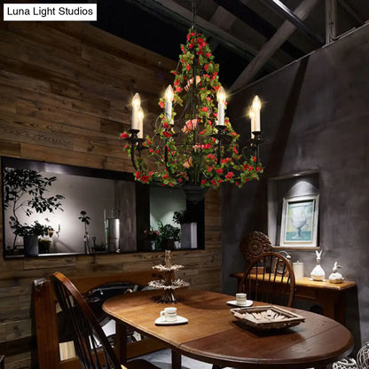 Industrial Metal Chandelier with 8 LED Lights for Restaurant - Black Finish with Flower Decor