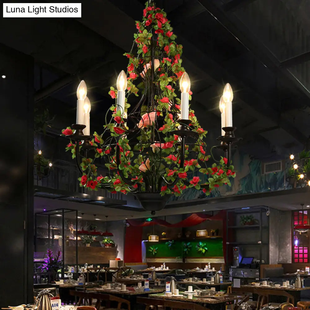 Industrial Metal Chandelier with 8 LED Lights for Restaurant - Black Finish with Flower Decor