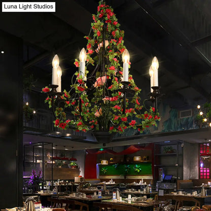 Industrial Metal Chandelier with 8 LED Lights for Restaurant - Black Finish with Flower Decor