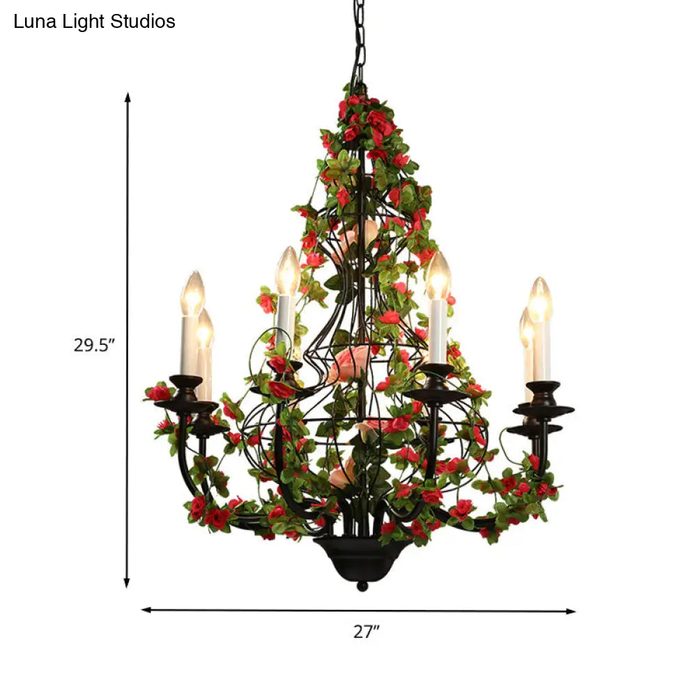 Industrial Metal Chandelier with 8 LED Lights for Restaurant - Black Finish with Flower Decor