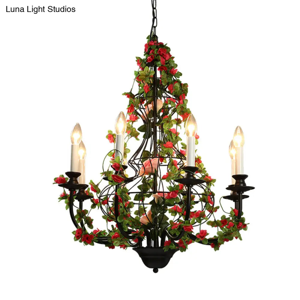 Industrial Metal Chandelier with 8 LED Lights for Restaurant - Black Finish with Flower Decor