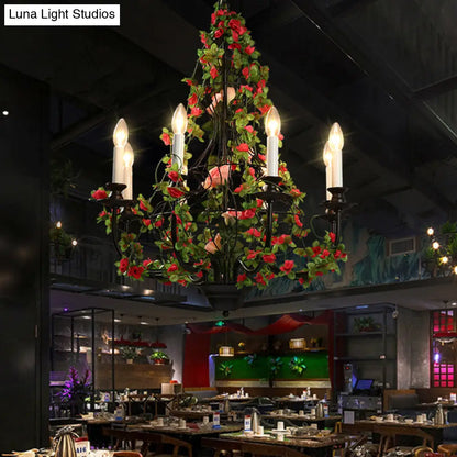 Industrial Metal Chandelier with 8 LED Lights for Restaurant - Black Finish with Flower Decor