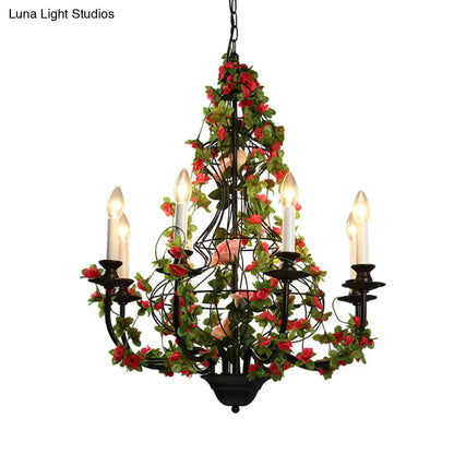 Industrial Metal Chandelier with 8 LED Lights for Restaurant - Black Finish with Flower Decor