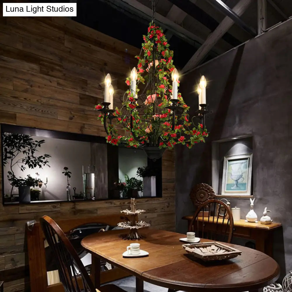 Industrial Metal Chandelier with 8 LED Lights for Restaurant - Black Finish with Flower Decor