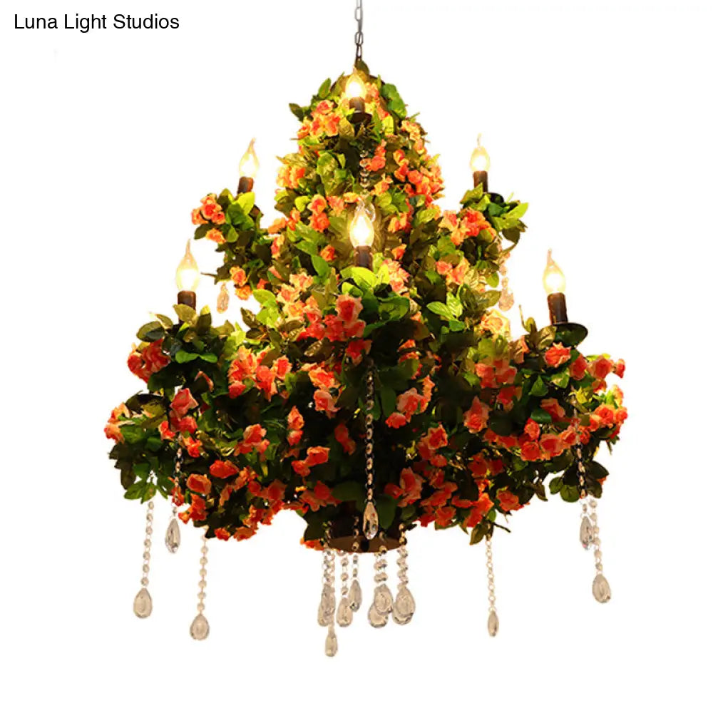 Industrial Metal Chandelier with Crystal Accents and LED Candles