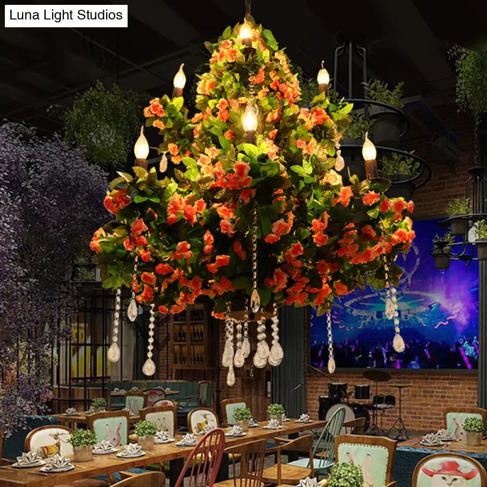 Industrial Metal Chandelier with Crystal Accents and LED Candles