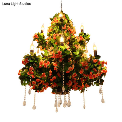 Industrial Metal Chandelier with Crystal Accents and LED Candles