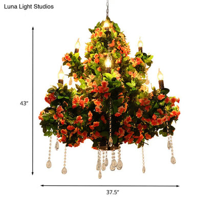 Industrial Metal Chandelier with Crystal Accents and LED Candles