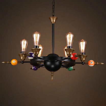 Industrial Metal Chandelier with Exposed Bulb - 4/6 Light Pendant Lighting for Dining Room in Black with Wheel Shelf