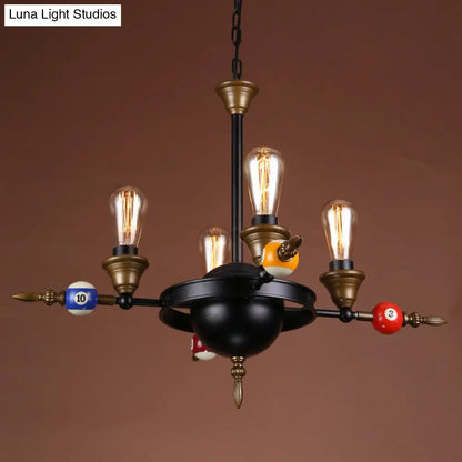 Industrial Metal Chandelier with Exposed Bulb - 4/6 Light Pendant Lighting for Dining Room in Black with Wheel Shelf