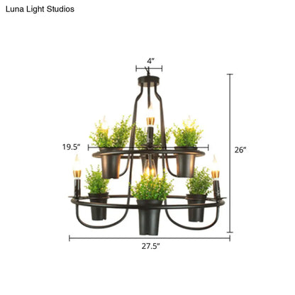 Industrial Metal Chandelier with Green Artificial Pot Plant Pendant Lights & 3 Bulbs for Restaurants