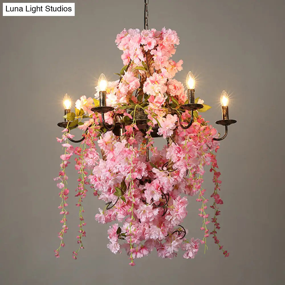 Industrial Metal Chandelier with Pink LED Flower Design - Candlestick Restaurant Light, 6/8 Bulbs