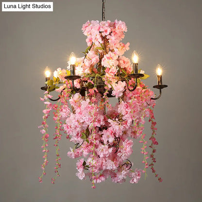 Industrial Metal Chandelier with Pink LED Flower Design - Candlestick Restaurant Light, 6/8 Bulbs