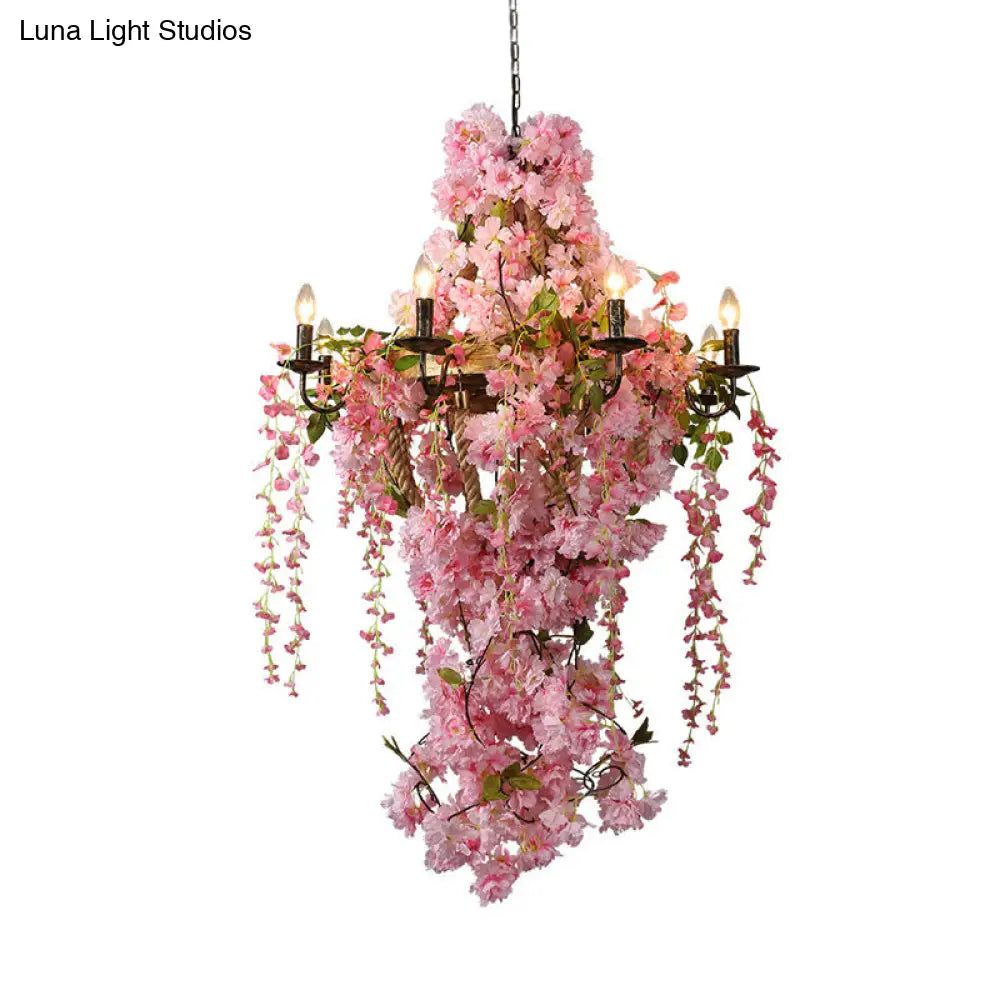 Industrial Metal Chandelier with Pink LED Flower Design - Candlestick Restaurant Light, 6/8 Bulbs