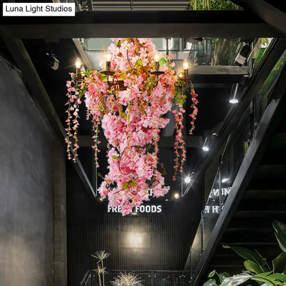 Industrial Metal Chandelier with Pink LED Flower Design - Candlestick Restaurant Light, 6/8 Bulbs