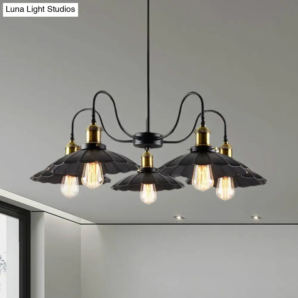 Industrial Metal Chandelier with Scalloped Design - Black Finish, 5 Heads, Indoor Pendant Lighting