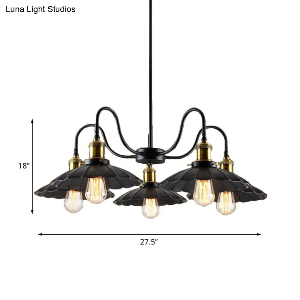 Industrial Metal Chandelier with Scalloped Design - Black Finish, 5 Heads, Indoor Pendant Lighting