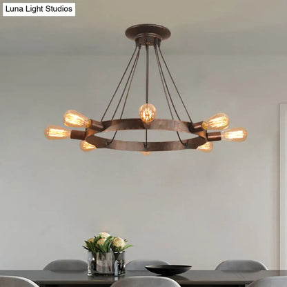 Industrial Metal Circle Design 8-Bulb Chandelier Pendant Light with Exposed Bulbs, Brown