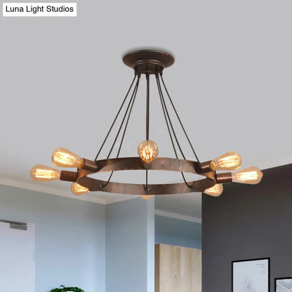 Industrial Metal Circle Design 8-Bulb Chandelier Pendant Light with Exposed Bulbs, Brown