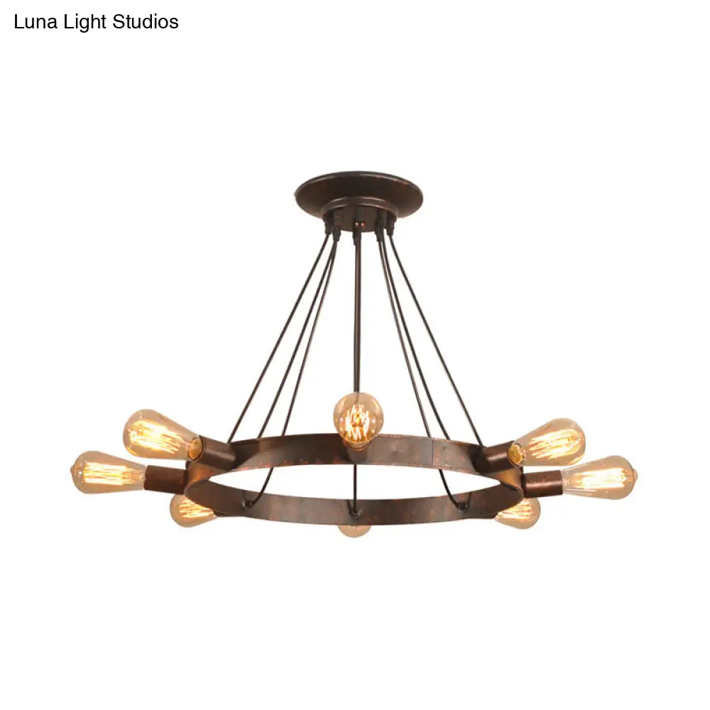 Industrial Metal Circle Design 8-Bulb Chandelier Pendant Light with Exposed Bulbs, Brown