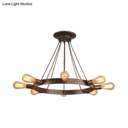 Industrial Metal Circle Design 8-Bulb Chandelier Pendant Light with Exposed Bulbs, Brown
