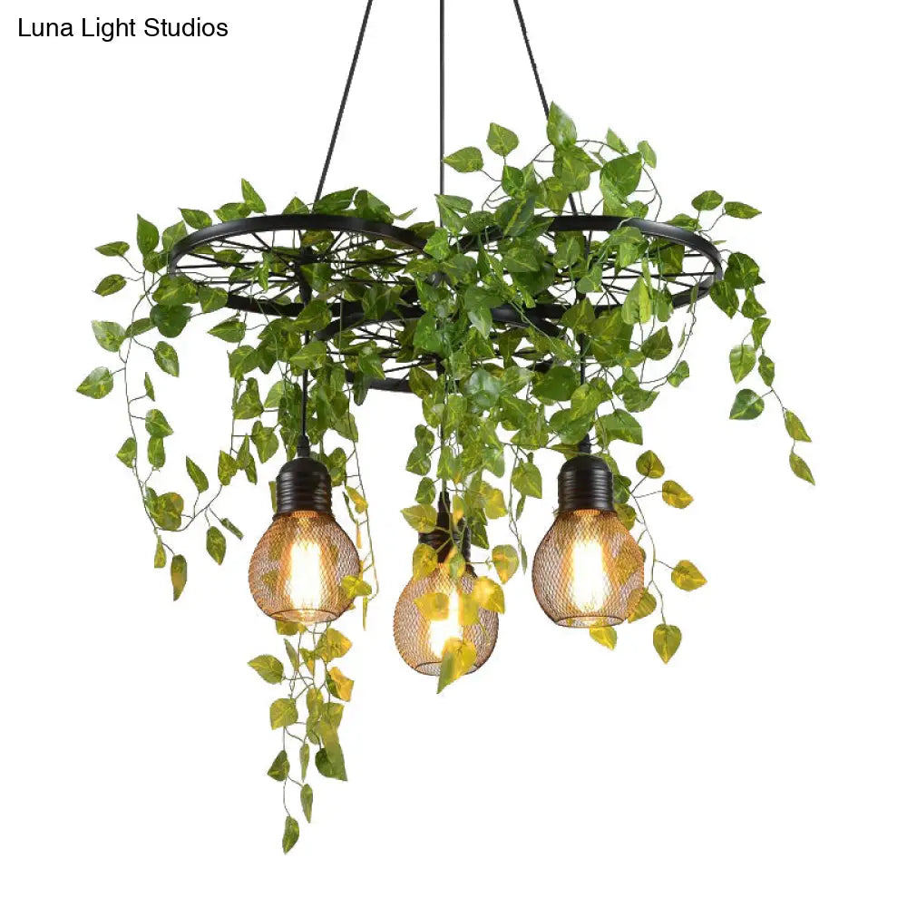 Industrial Metal Cluster Pendant with 3 Heads, Warehouse Black Wheel Design, Dining Room Hanging Lamp, 21.5"/35.5" Width, Green Vine accent