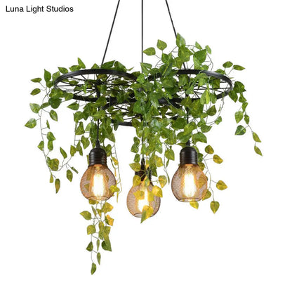 Industrial Metal Cluster Pendant with 3 Heads, Warehouse Black Wheel Design, Dining Room Hanging Lamp, 21.5"/35.5" Width, Green Vine accent