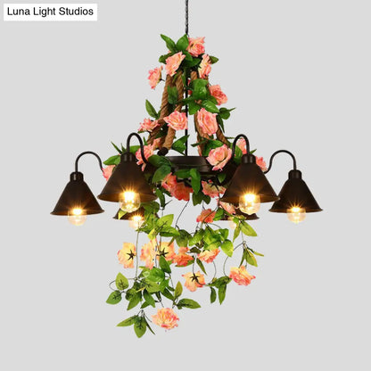 Industrial Metal Cone Chandelier - 6/8 Lights - Black with Flower Decoration - LED Ceiling Pendant for Restaurants