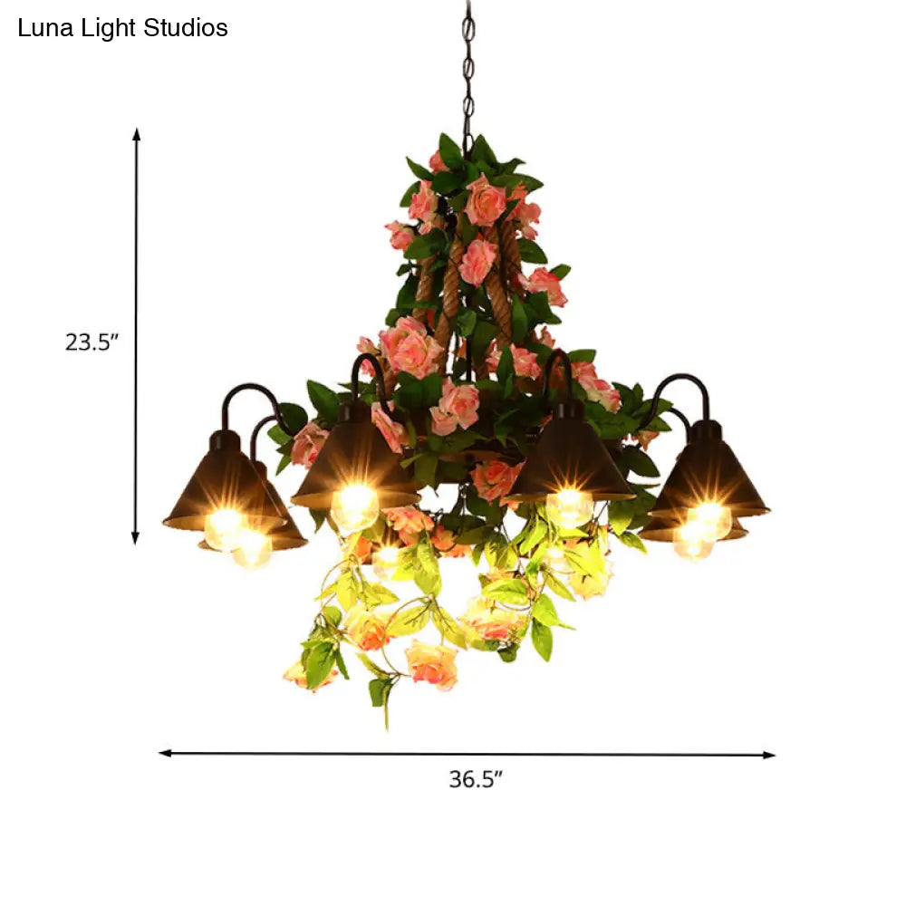 Industrial Metal Cone Chandelier - 6/8 Lights - Black with Flower Decoration - LED Ceiling Pendant for Restaurants