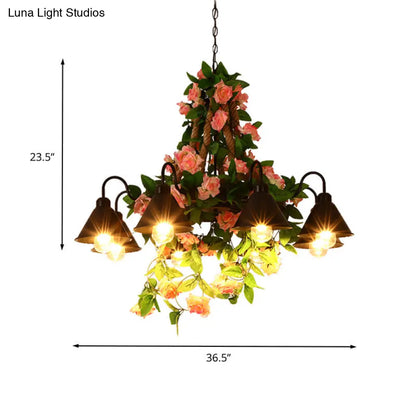 Industrial Metal Cone Chandelier - 6/8 Lights - Black with Flower Decoration - LED Ceiling Pendant for Restaurants