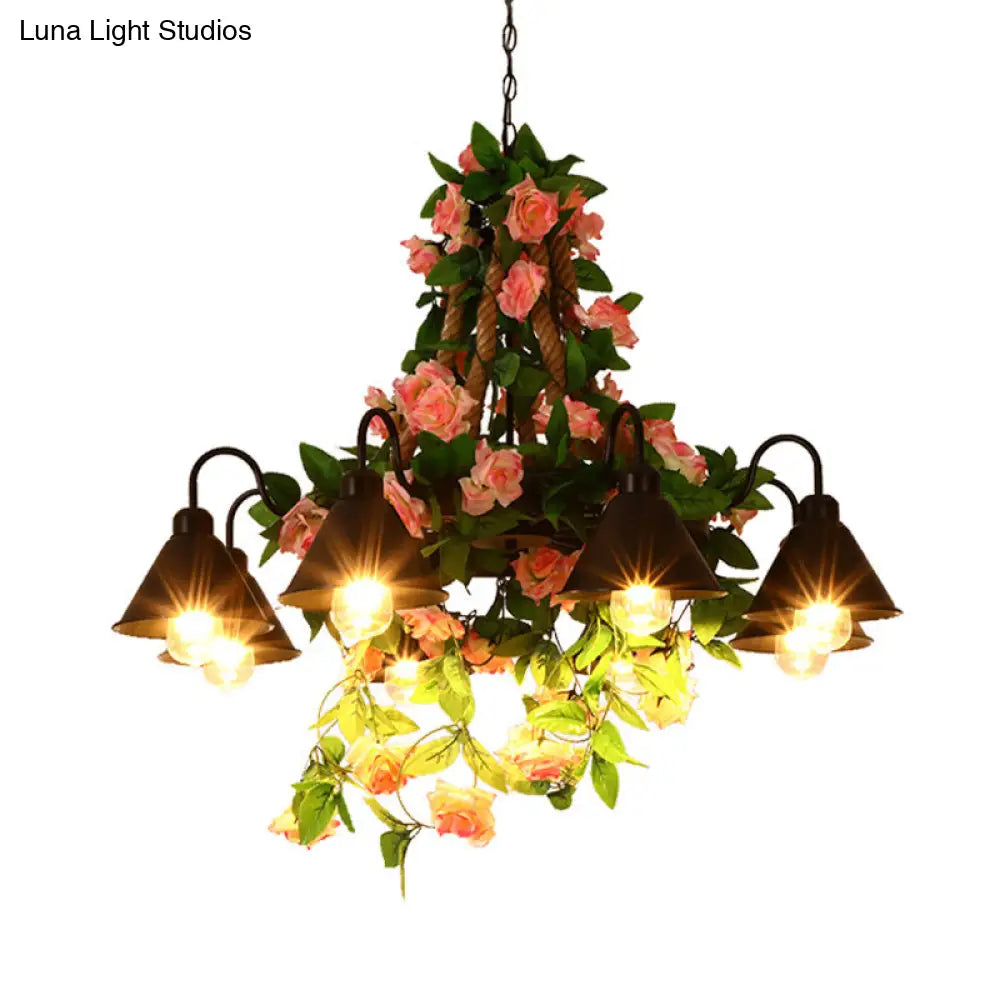 Industrial Metal Cone Chandelier - 6/8 Lights - Black with Flower Decoration - LED Ceiling Pendant for Restaurants