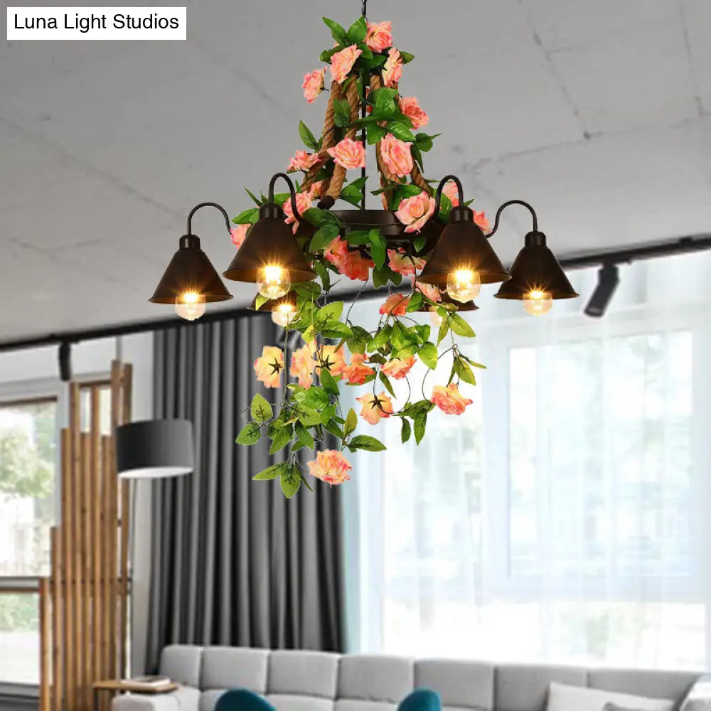 Industrial Metal Cone Chandelier - 6/8 Lights - Black with Flower Decoration - LED Ceiling Pendant for Restaurants