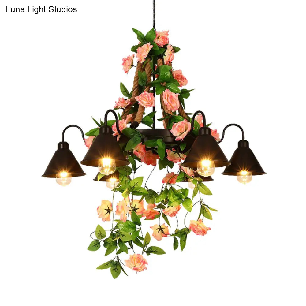 Industrial Metal Cone Chandelier - 6/8 Lights - Black with Flower Decoration - LED Ceiling Pendant for Restaurants
