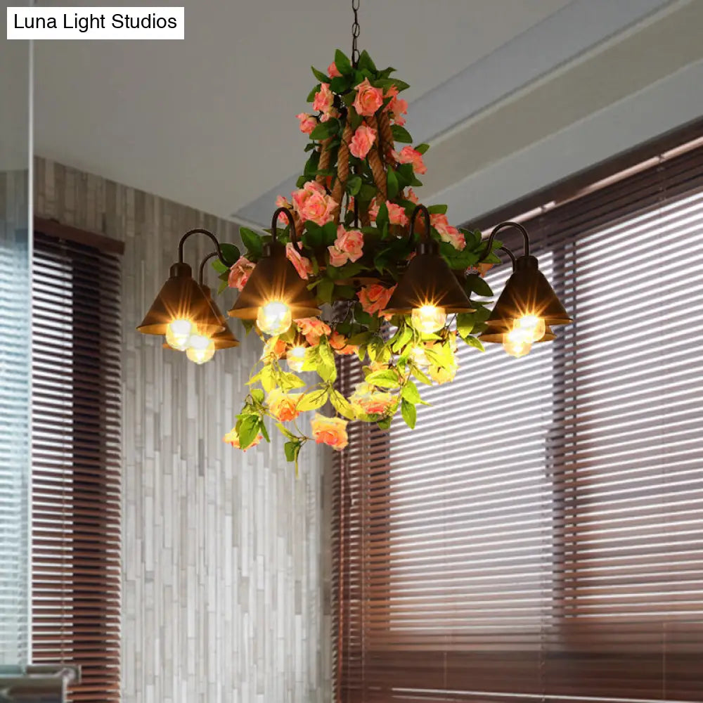 Industrial Metal Cone Chandelier - 6/8 Lights - Black with Flower Decoration - LED Ceiling Pendant for Restaurants