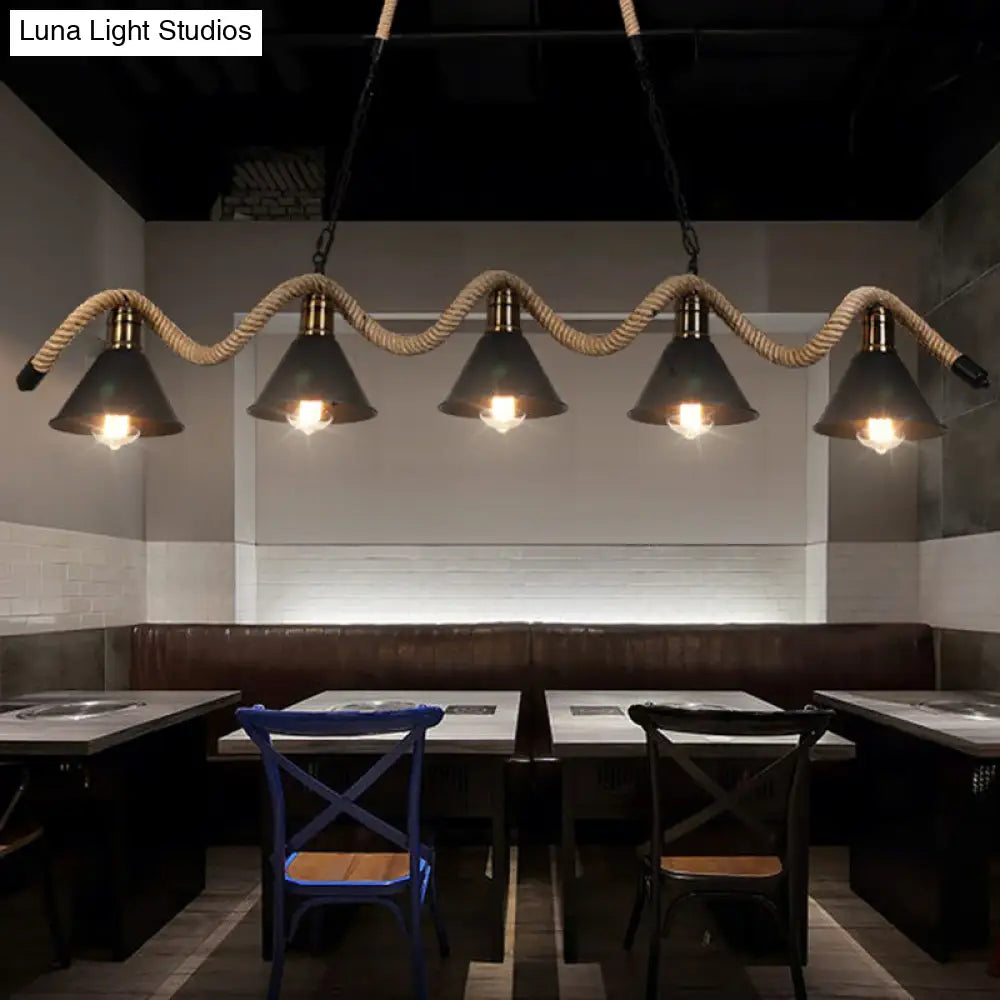 DecorBites™ Industrial Metal Cone Island Pendant Light - Matte Black Finish with Twisted Rope Detailing