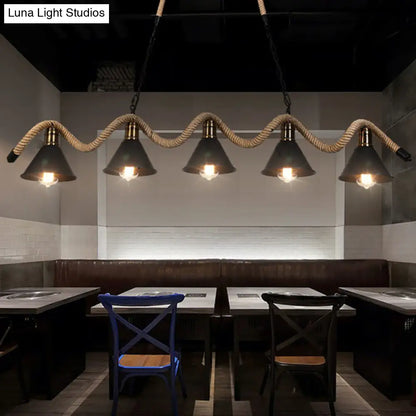 DecorBites™ Industrial Metal Cone Island Pendant Light - Matte Black Finish with Twisted Rope Detailing