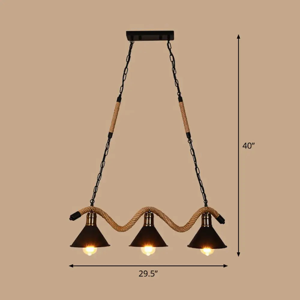 DecorBites™ Industrial Metal Cone Island Pendant Light - Matte Black Finish with Twisted Rope Detailing