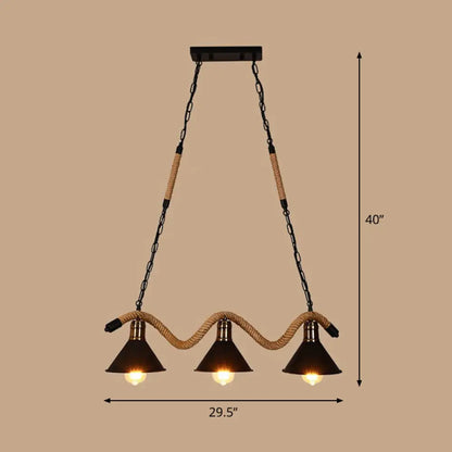 DecorBites™ Industrial Metal Cone Island Pendant Light - Matte Black Finish with Twisted Rope Detailing