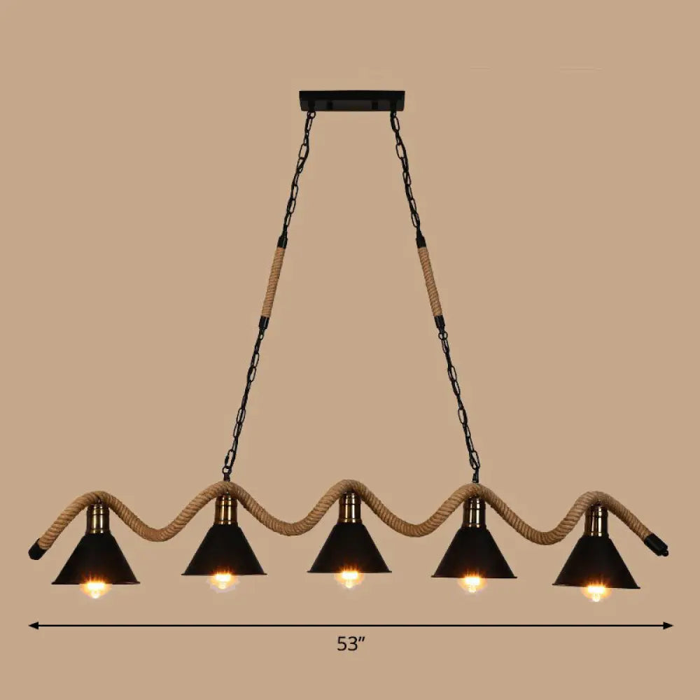 DecorBites™ Industrial Metal Cone Island Pendant Light - Matte Black Finish with Twisted Rope Detailing