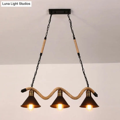 DecorBites™ Industrial Metal Cone Island Pendant Light - Matte Black Finish with Twisted Rope Detailing
