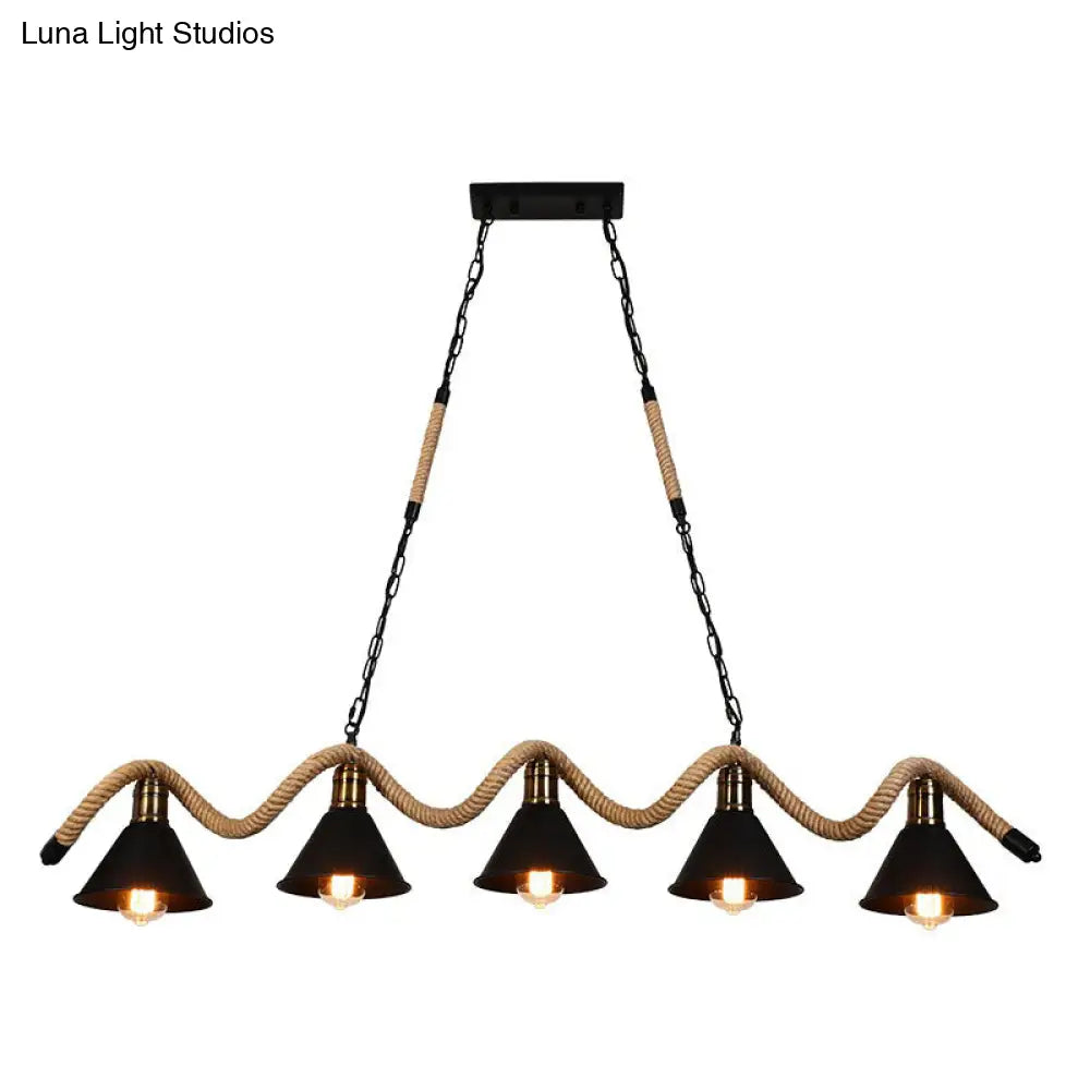 DecorBites™ Industrial Metal Cone Island Pendant Light - Matte Black Finish with Twisted Rope Detailing