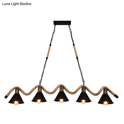 DecorBites™ Industrial Metal Cone Island Pendant Light - Matte Black Finish with Twisted Rope Detailing